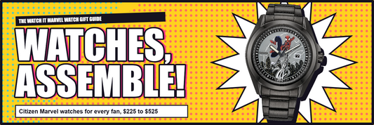 Comic-style banner reading The Watch It Marvel Watch Gift Guide: Watches, Assemble! with a Citizen Spider-Man Swings watch