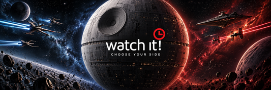 Watch It Star Wars watch gift guide banner with Death Star, Rebel fighters and Imperial ships