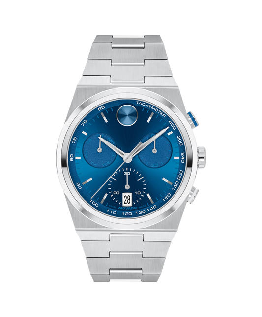 Movado Bold Quest 3601199, front view with blue dial and silver-tone bracelet