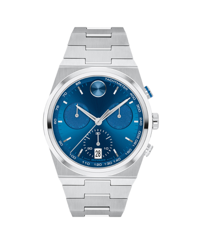 Movado Bold Quest 3601199, front view with blue dial and silver-tone bracelet