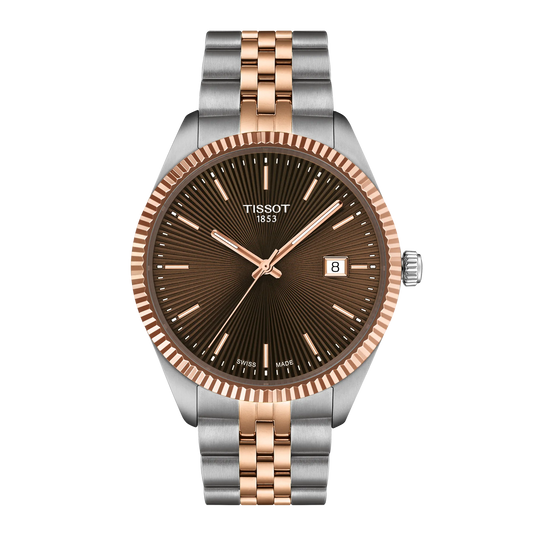 Tissot Ballade 40mm T156.410.22.291.01, front view with brown dial and two-tone bracelet