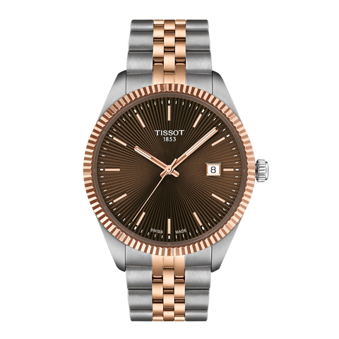 Tissot Ballade 40mm T156.410.22.291.01, front view with brown dial and two-tone bracelet