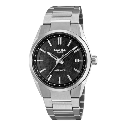 Casio EDIFICE Automatic EFK110D-1A, front view with black dial and silver-tone bracelet