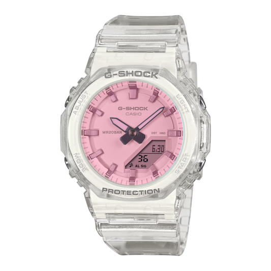 G-Shock GMA-P2100SR-7A Women’s Analog-Digital Watch - White, front view showing pink dial and light case and strap