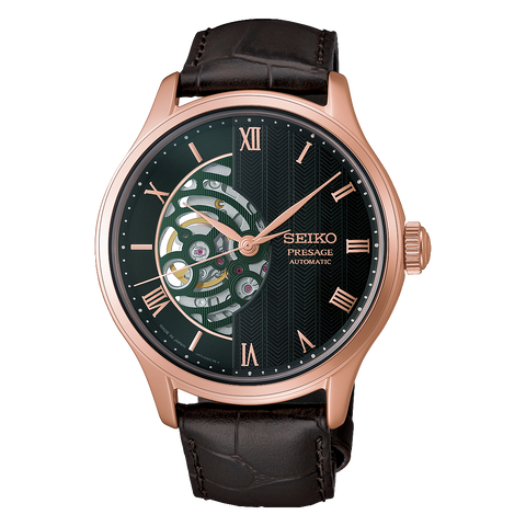 Seiko Presage Japanese Garden HCB007 green dial rose gold-tone automatic, front view