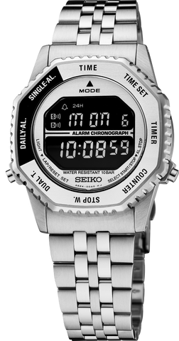 Seiko Rotocall HFL002 digital watch with black and silver-tone bezel, front view