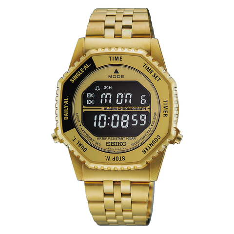 Seiko Rotocall HFL003 gold-tone digital watch, front view
