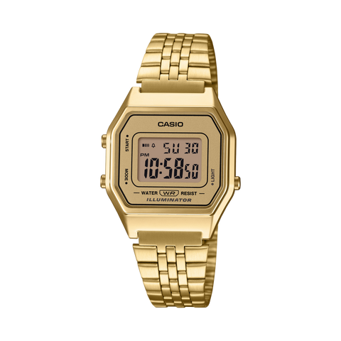 Casio Vintage LA680WGA-9VT, front view with gold-tone case and bracelet