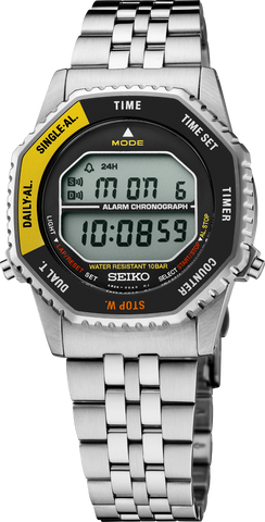 Seiko Rotocall SMGG17 digital watch with black and yellow octagonal bezel, front view
