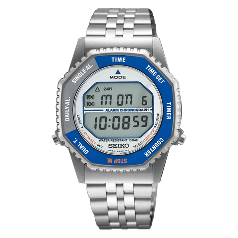 Seiko Rotocall SMGG21 digital watch with blue and gray bezel, front view