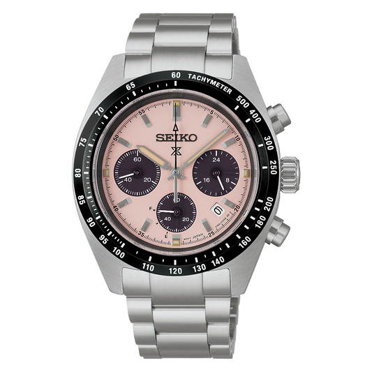 Seiko Prospex Speedtimer SSC963 chronograph with pink dial, black subdials and silver-tone bracelet, front view