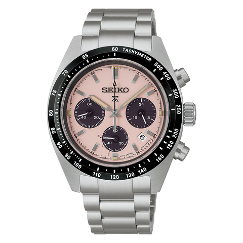 Seiko Prospex Speedtimer SSC963 chronograph with pink dial, black subdials and silver-tone bracelet, front view