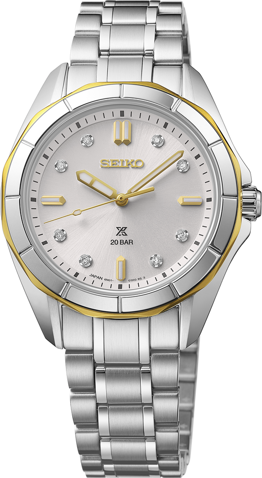 Seiko Prospex Sea SUR618 ladies' silver dial two-tone dive watch, front view