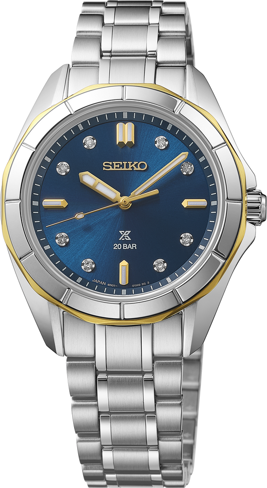 Seiko Prospex Sea SUR620 ladies' blue dial two-tone dive watch, front view