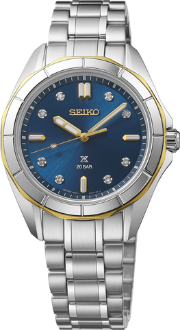 Seiko Prospex Sea SUR620 ladies' blue dial two-tone dive watch, front view
