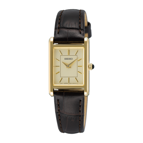 Seiko Essentials SWR110 ladies' gold-tone quartz watch with leather strap, front view