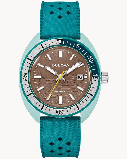 Bulova Snorkel Sea Turtle 98B446, front view with brown dial and turquoise strap