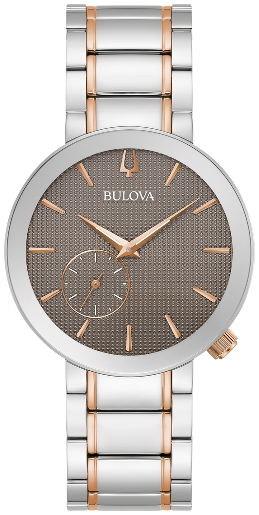 Bulova Latin GRAMMY 98L309 with textured gray dial and silver-tone and rose gold-tone bracelet