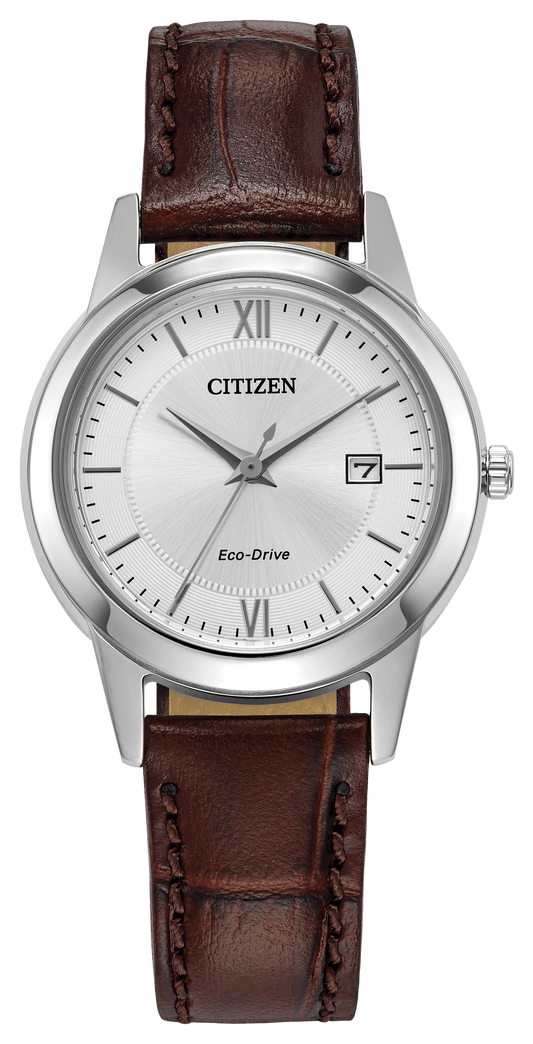 Citizen Classic FE1087-28A with silver-tone case, white dial and brown leather strap