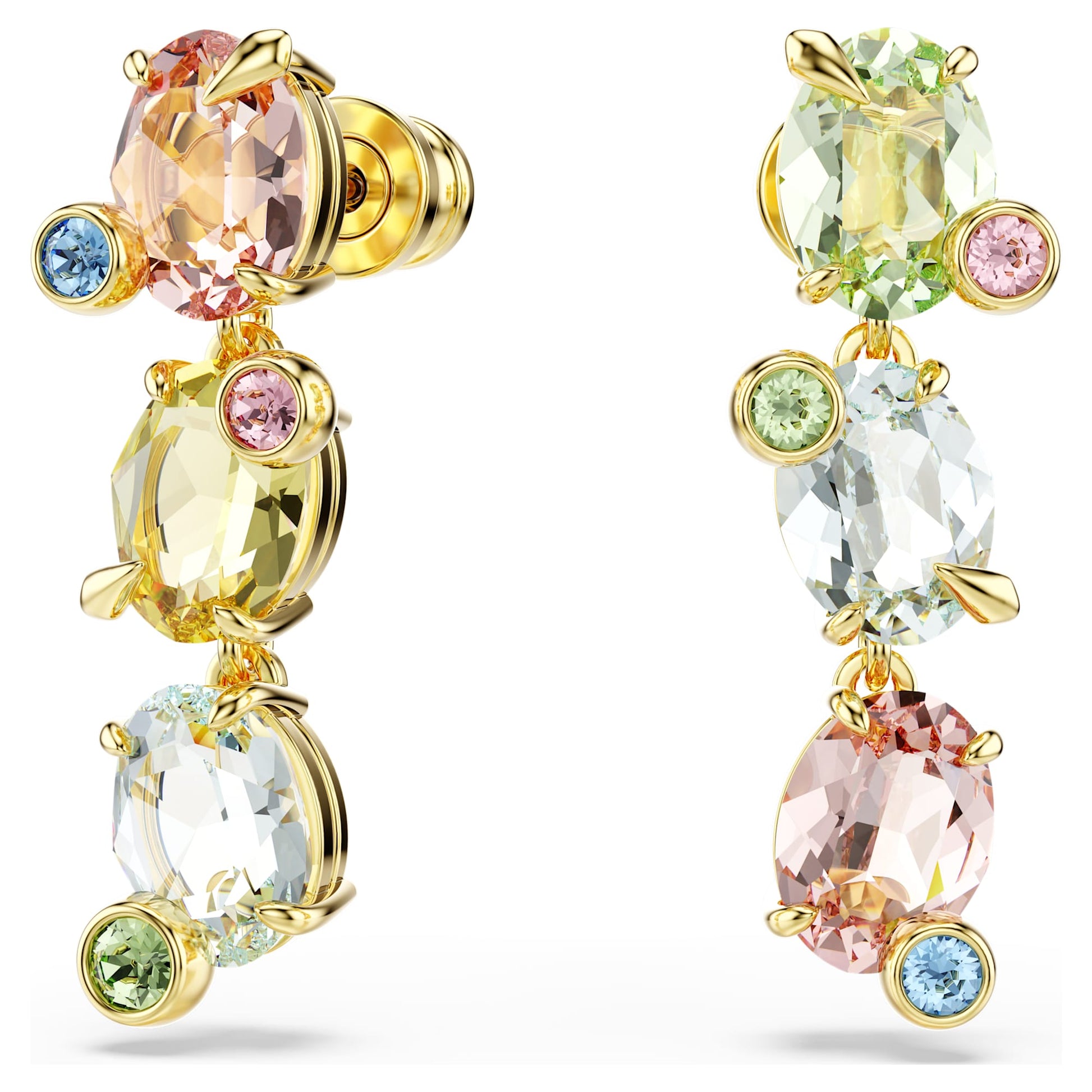 Swarovski Gema drop earrings Asymmetrical design, Mixed cuts, Multicolored, Gold-tone plated 5714815