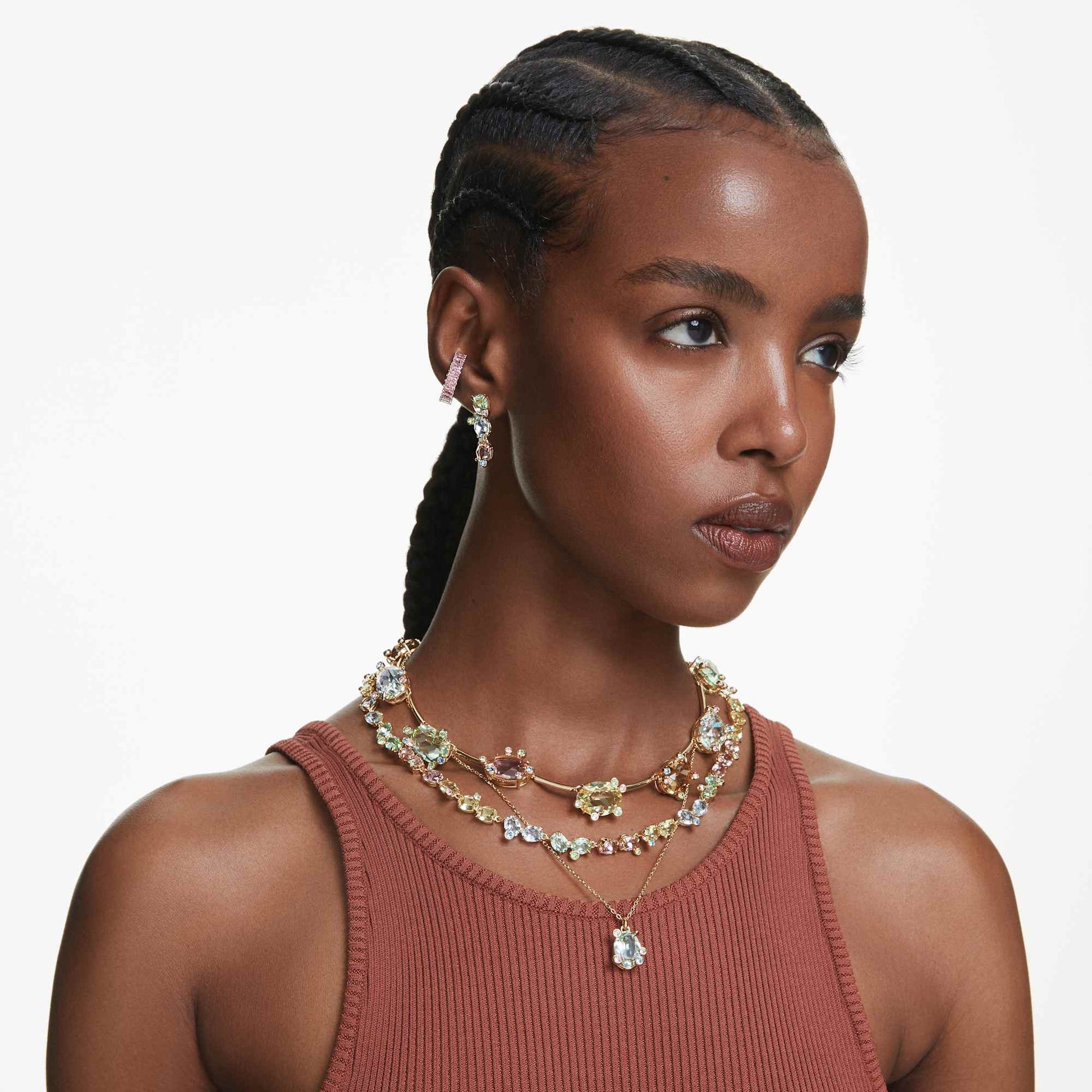 Swarovski Gema drop earrings Asymmetrical design, Mixed cuts, Multicolored, Gold-tone plated 5714815