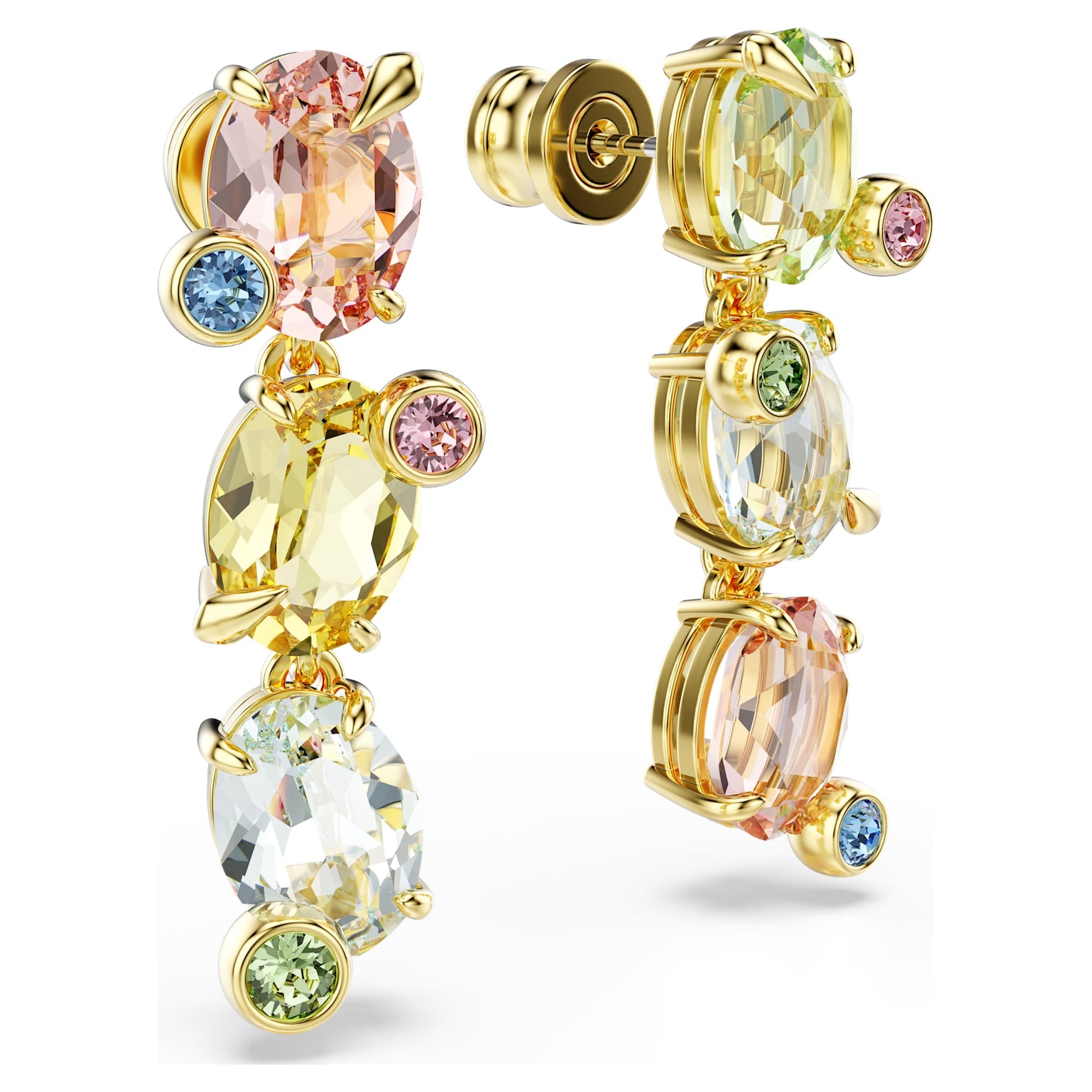 Swarovski Gema drop earrings Asymmetrical design, Mixed cuts, Multicolored, Gold-tone plated 5714815