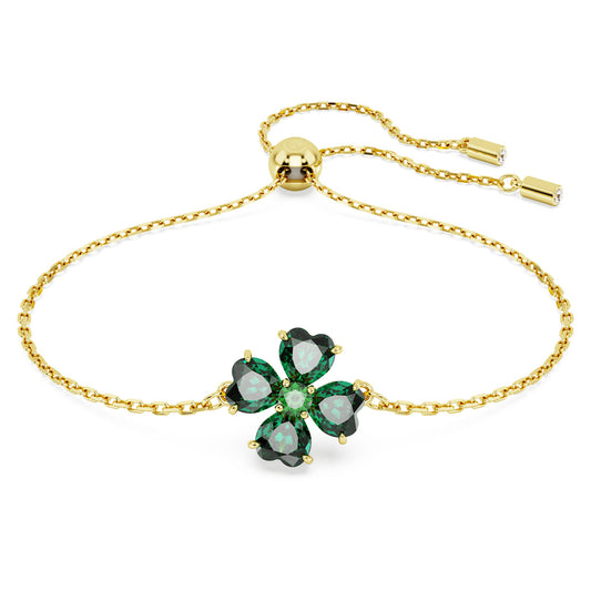 Swarovski Idyllia bracelet Mixed cuts, Clover, Green, Gold-tone plated 5666585, full view