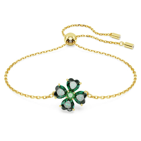 Swarovski Idyllia bracelet Mixed cuts, Clover, Green, Gold-tone plated 5666585, full view