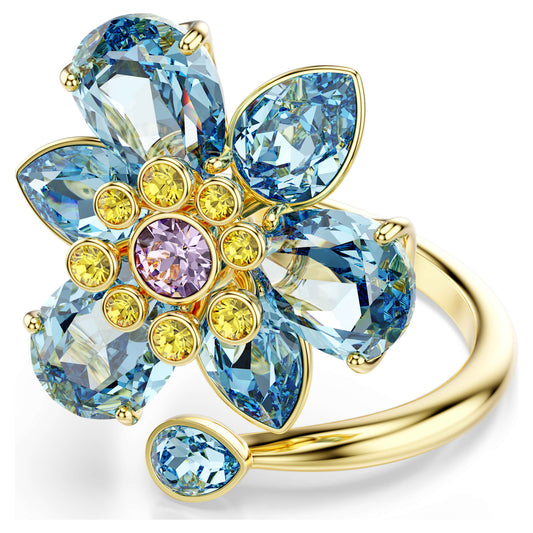 Swarovski Idyllia open ring Mixed cuts, Flower, Blue, Gold-tone plated 5709031
