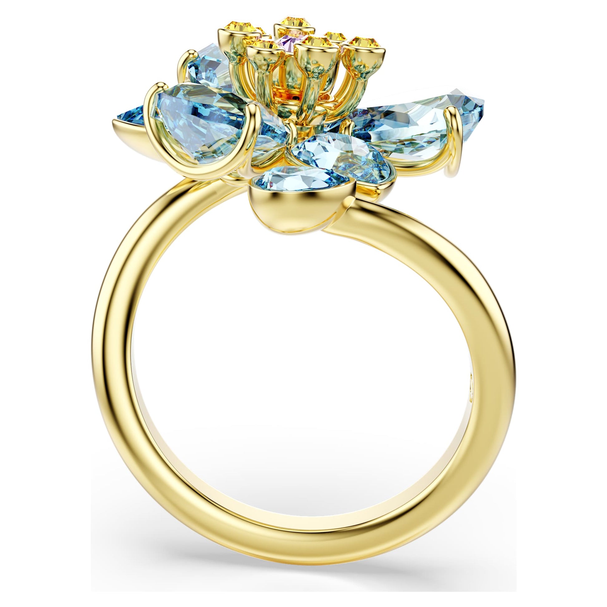 Swarovski Idyllia open ring Mixed cuts, Flower, Blue, Gold-tone plated 5709031
