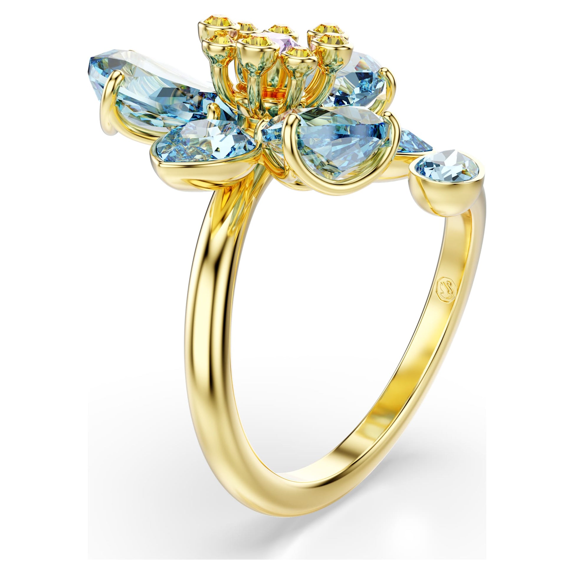Swarovski Idyllia open ring Mixed cuts, Flower, Blue, Gold-tone plated 5709031