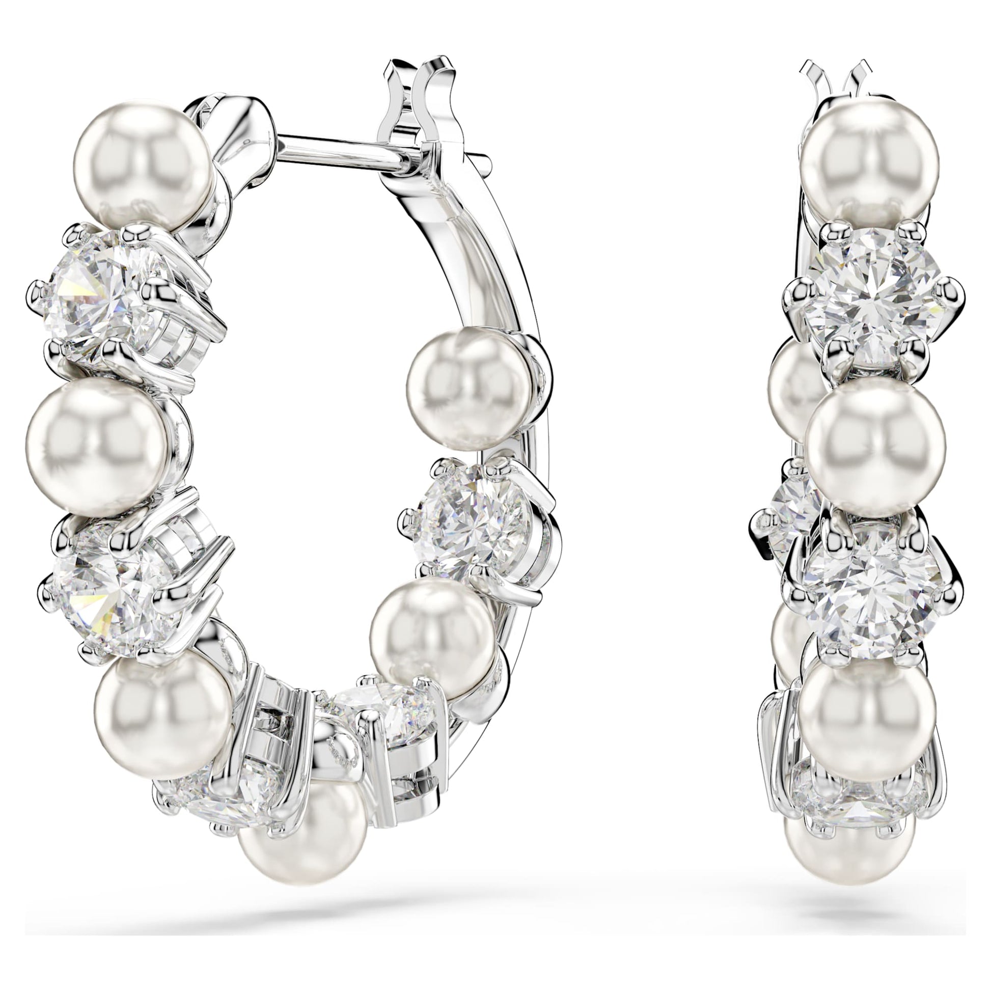 Swarovski Matrix hoop earrings Crystal pearl, Round cut, White, Rhodium plated 5709256