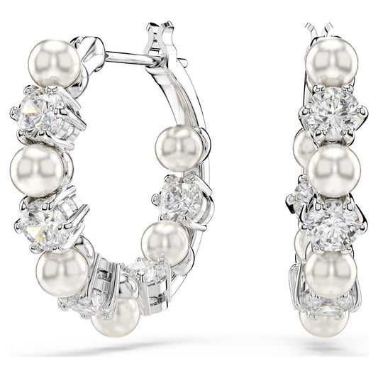 Swarovski Matrix hoop earrings Crystal pearl, Round cut, White, Rhodium plated 5709256