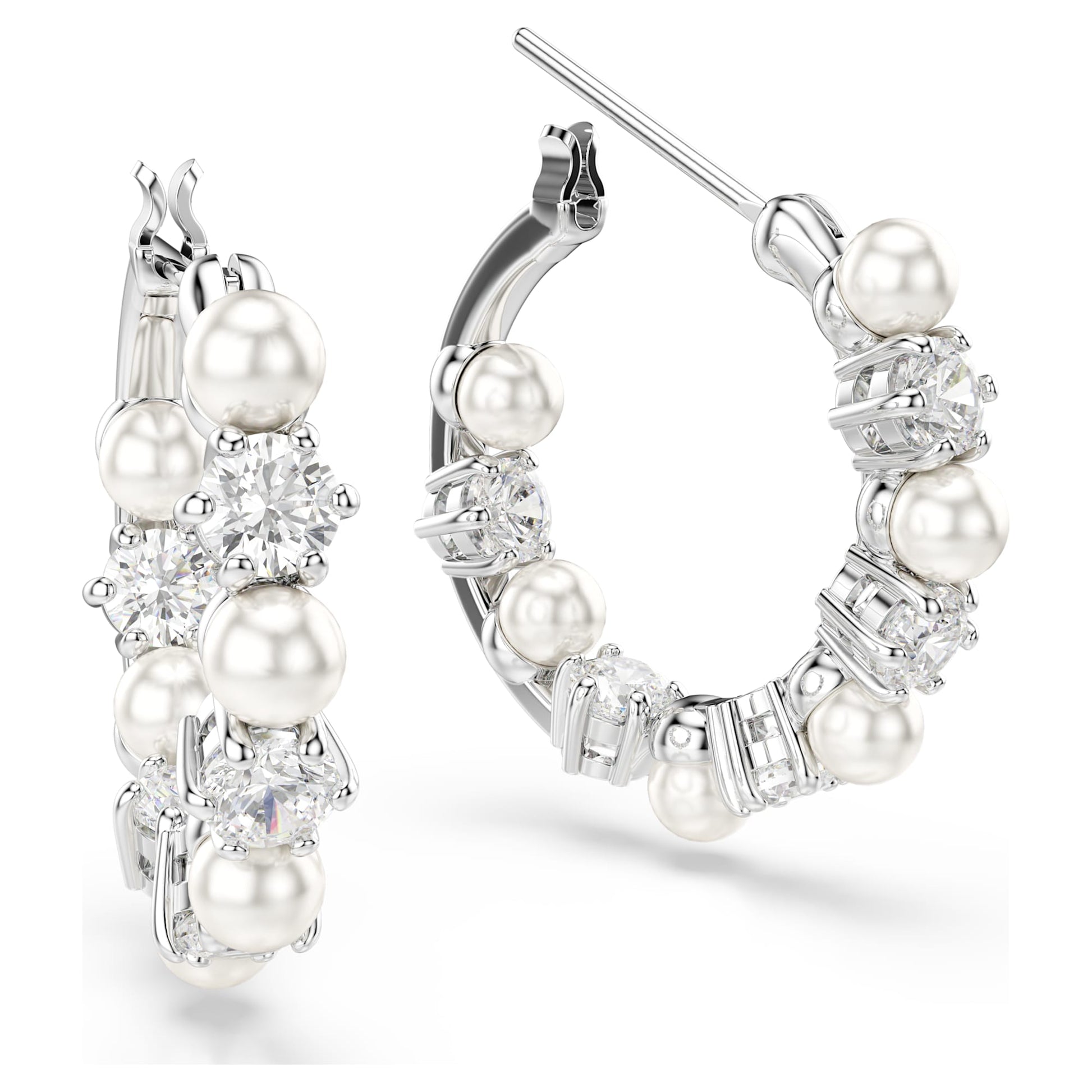 Swarovski Matrix hoop earrings Crystal pearl, Round cut, White, Rhodium plated 5709256