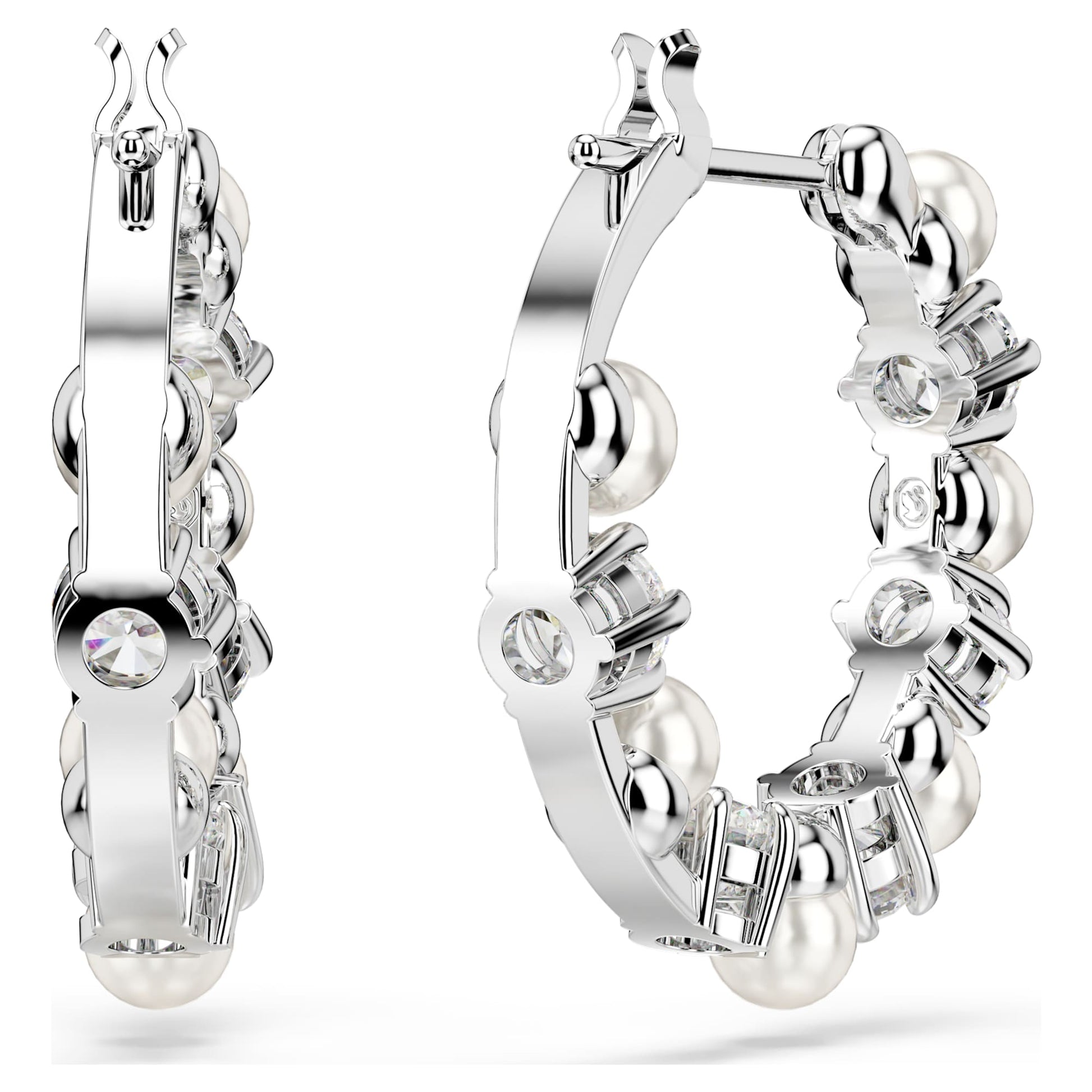 Swarovski Matrix hoop earrings Crystal pearl, Round cut, White, Rhodium plated 5709256