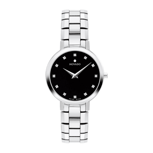 Movado Faceto 607866, centered front view with complete bracelet