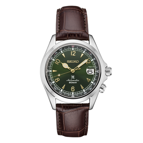 Seiko Prospex Alpinist SPB121, complete watch on square white canvas
