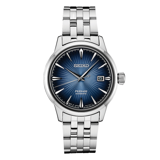 Seiko Presage Cocktail Time SRPB41, complete watch on square white canvas