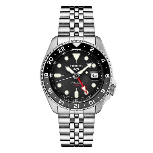 Seiko 5 Sports SKX Sports Style GMT Series SSK001, complete watch on square white canvas