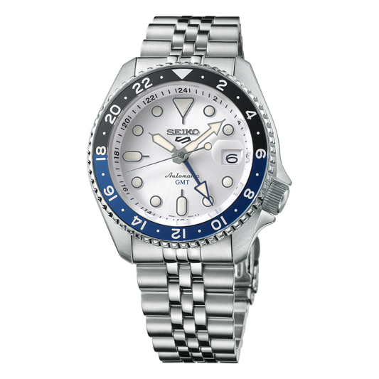 Seiko 5 Sports SKX Sports Style GMT Series SSK033, complete watch on square white canvas