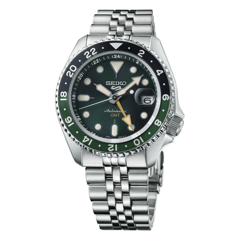 Seiko 5 Sports SKX Sports Style GMT Series SSK035, complete watch on square white canvas