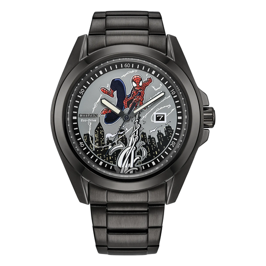 Citizen Spider-Man Swings AW1437-61W, complete watch front view