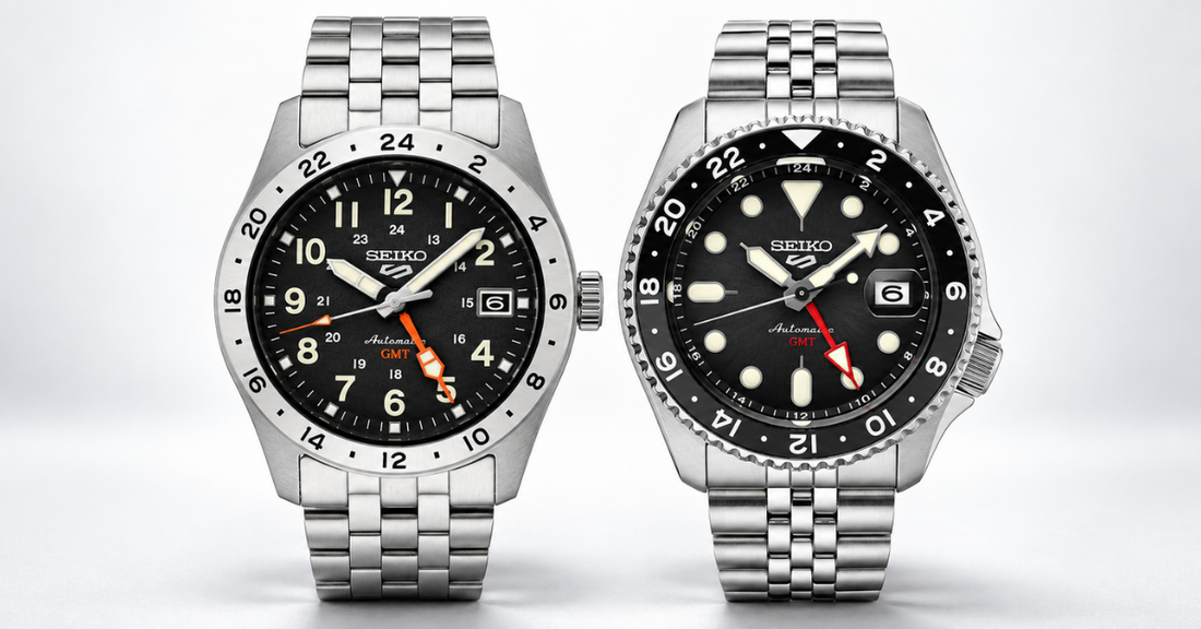 Two watches with dark dials and contrasting bezel colors
