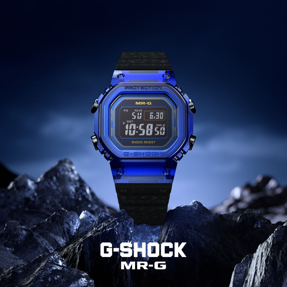 G-Shock MRG-D5000 Blue Sapphire watch against blue rocks