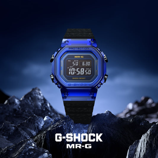 G-Shock MRG-D5000 Blue Sapphire watch against blue rocks