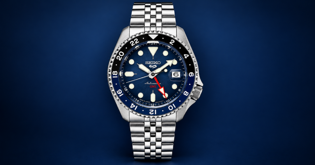 Two watches with black and blue dials