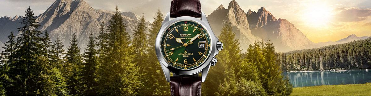 Seiko Alpinist watch with green dial and leather strap
