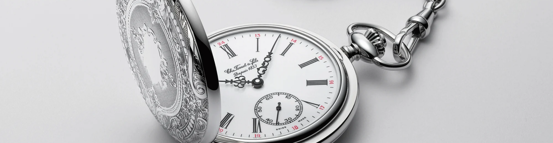 Tissot pocket watches with white dials and metal cases
