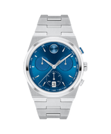 Movado Bold Quest 3601199, front view with blue dial and silver-tone bracelet