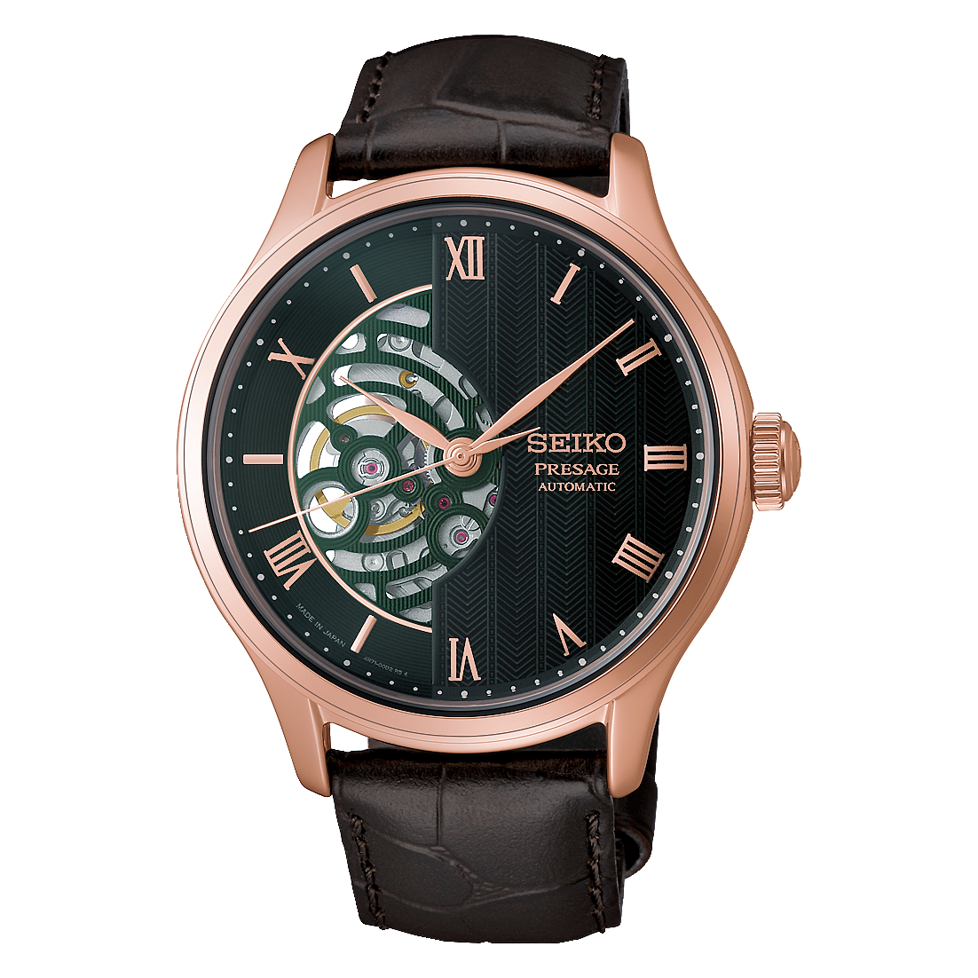 Seiko Presage Japanese Garden HCB007 green dial rose gold-tone automatic, front view
